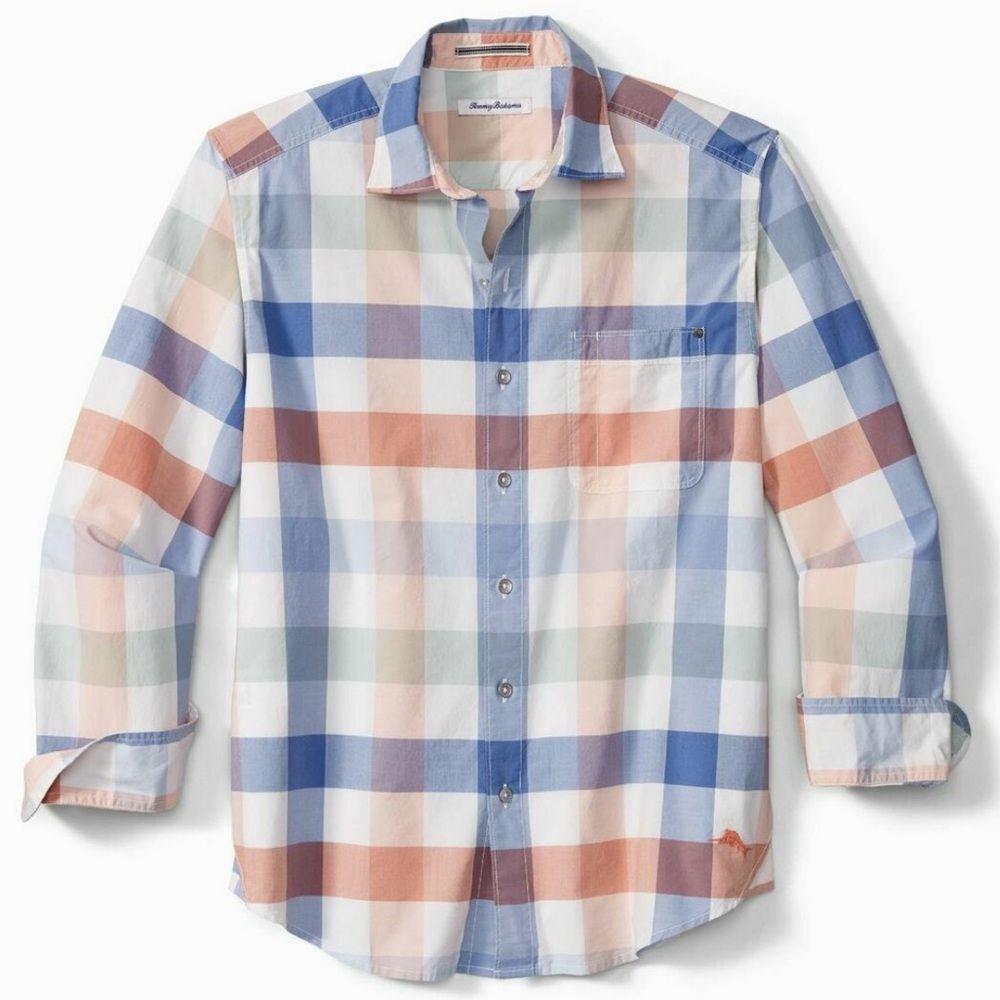 Tommy Bahama men’s 100% cotton pastel Blue green Checkered plaid button down Med